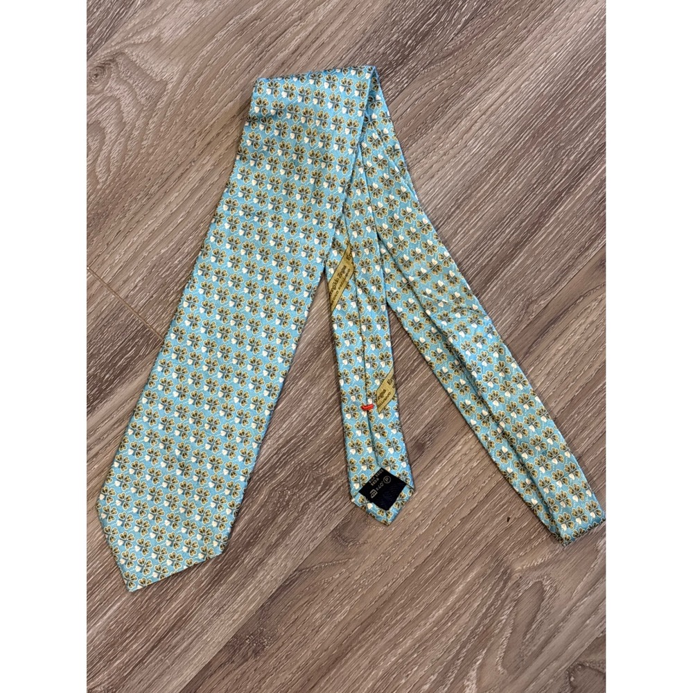 Ermenegildo Zegna Silk Tie Blue Olive Geometric Clover Italy Disegno Esclusivo